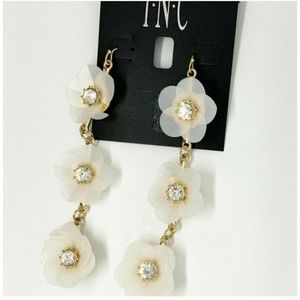 INC Gold, Crystal Ivory 3 Flower Statement Drop Fashion Earring NEW